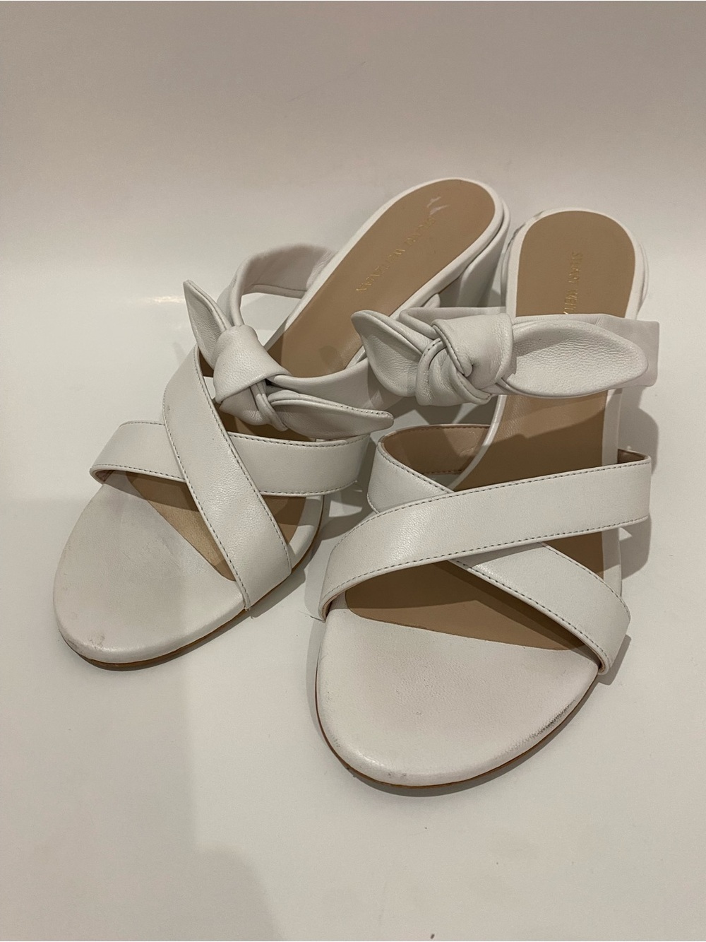 Stuart Weitzman White Leather Sandals Block Heel Knotted bow Detail Slip on Mule